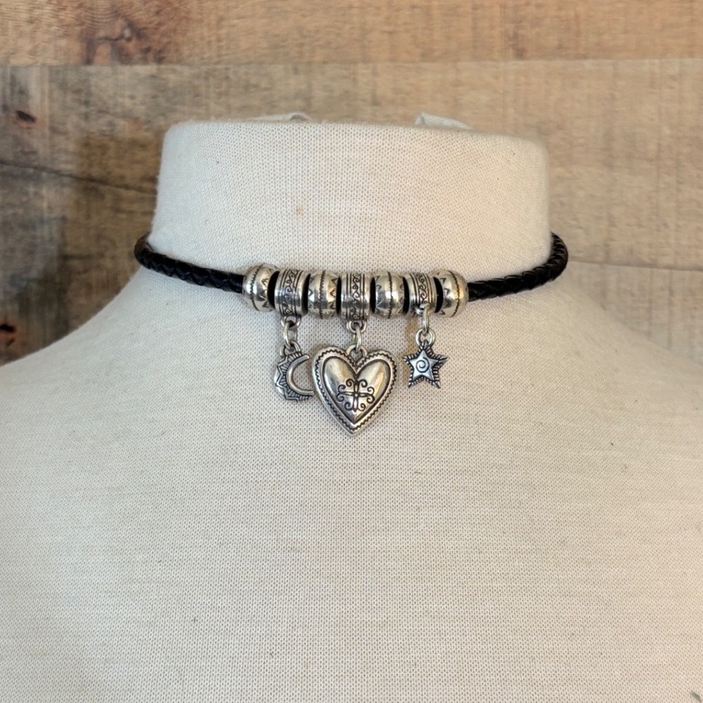 Brighton Black Braided Leather Choker Heart Moon Star Celestial Necklace